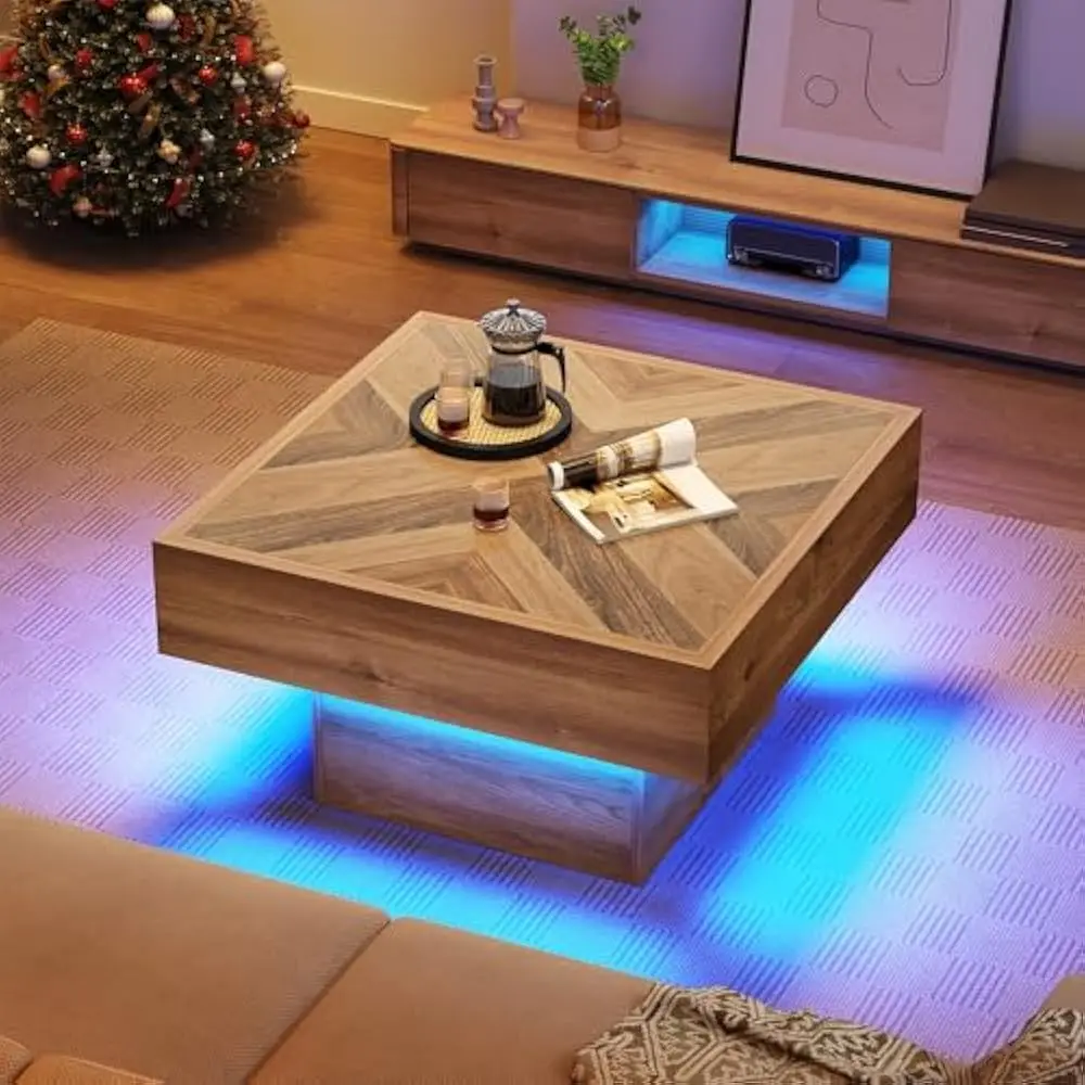 

LED Coffee Table w/2 Drawers Storage, Square Coffees Tables Engineered Wood Low Coffees Tables for Living Room, Coffee Table