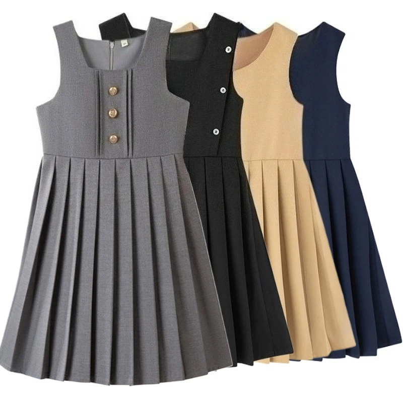 

Girls Sleeveless Pleated Dress Kids Navy Blue Party Vest Dress for Teens Children Casual Formal Occasion Summer School Outfit