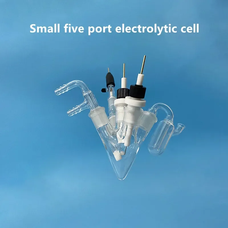 

Small five port electrolytic cell, 5 / 1020 / 30 / 50ml. Equipped with F pipe, salt bridge and liquid seal.