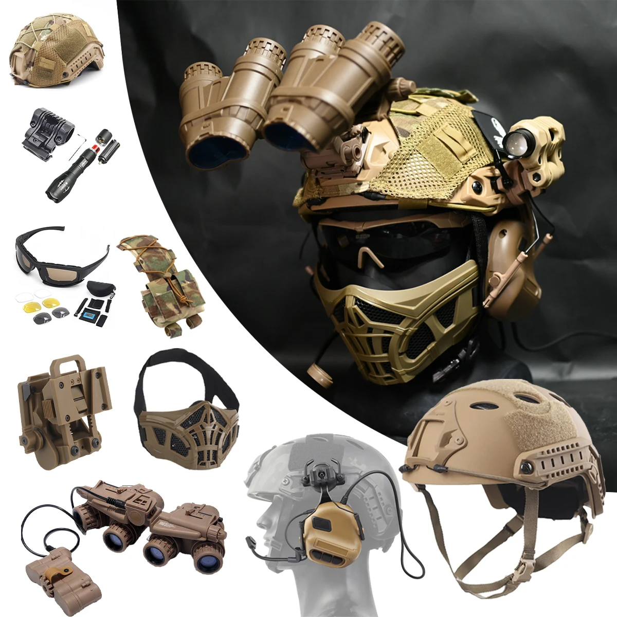 

CS Airsoft Helmet Set with Tactical Headset Night Vision Device Mask Goggles Flashlight Battery Pack Helmet Cover NVG Bracket