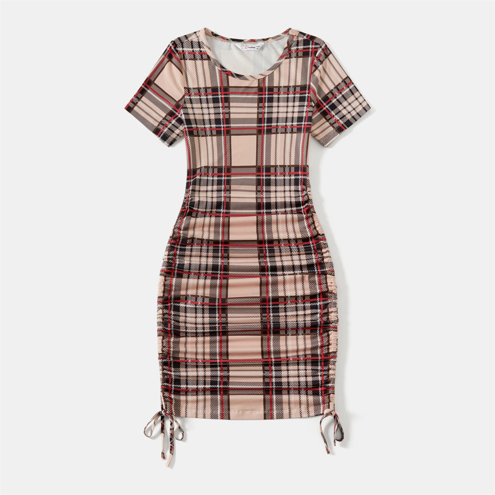 PatPat Family Matching Plaid Drawstring Ruched Bodycon Cami Dresses and Short-sleeve Spliced T-shirts Sets