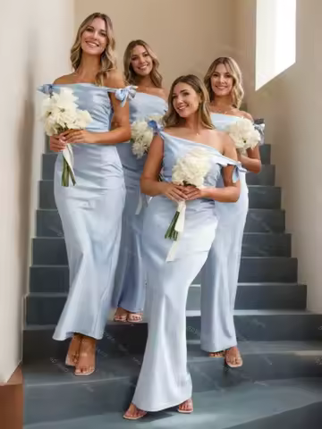Sky Blue Satin Bridesmaid Dress for Women Off the Shoulder Ankle-Length Sheath Wedding Party Gowns Customized Prom Evening Dress