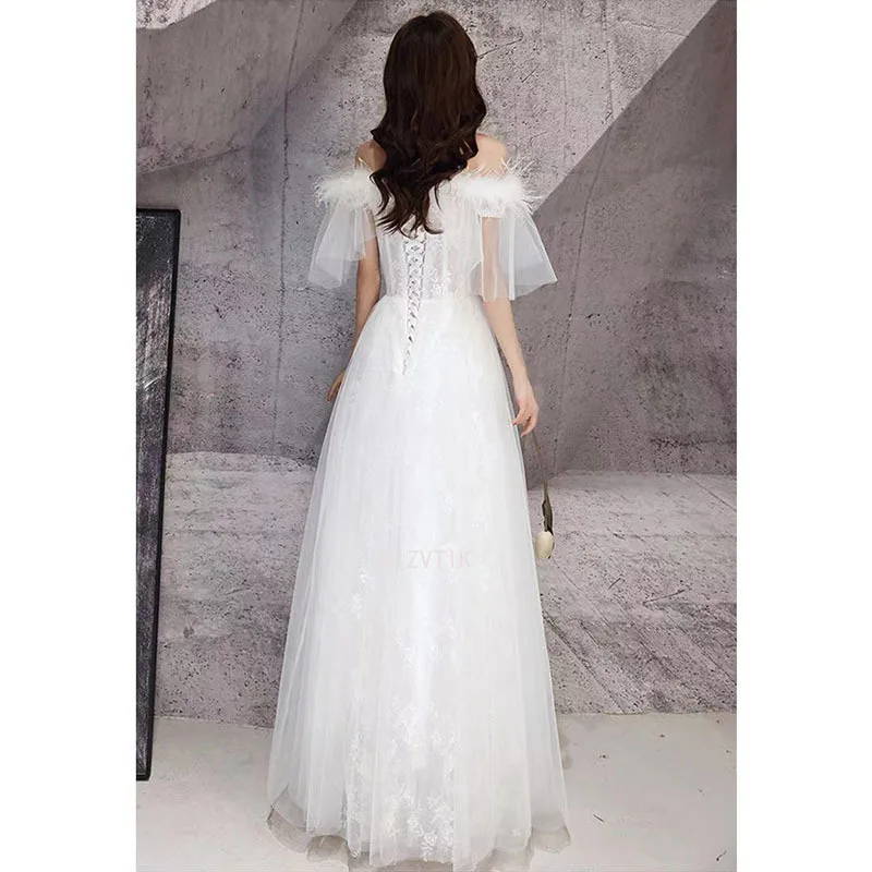 Customized Evening Dress White Feathers Off the Shoulder A-Line Floor-Length Plus size Prom Dress Woman Formal Party Gowns