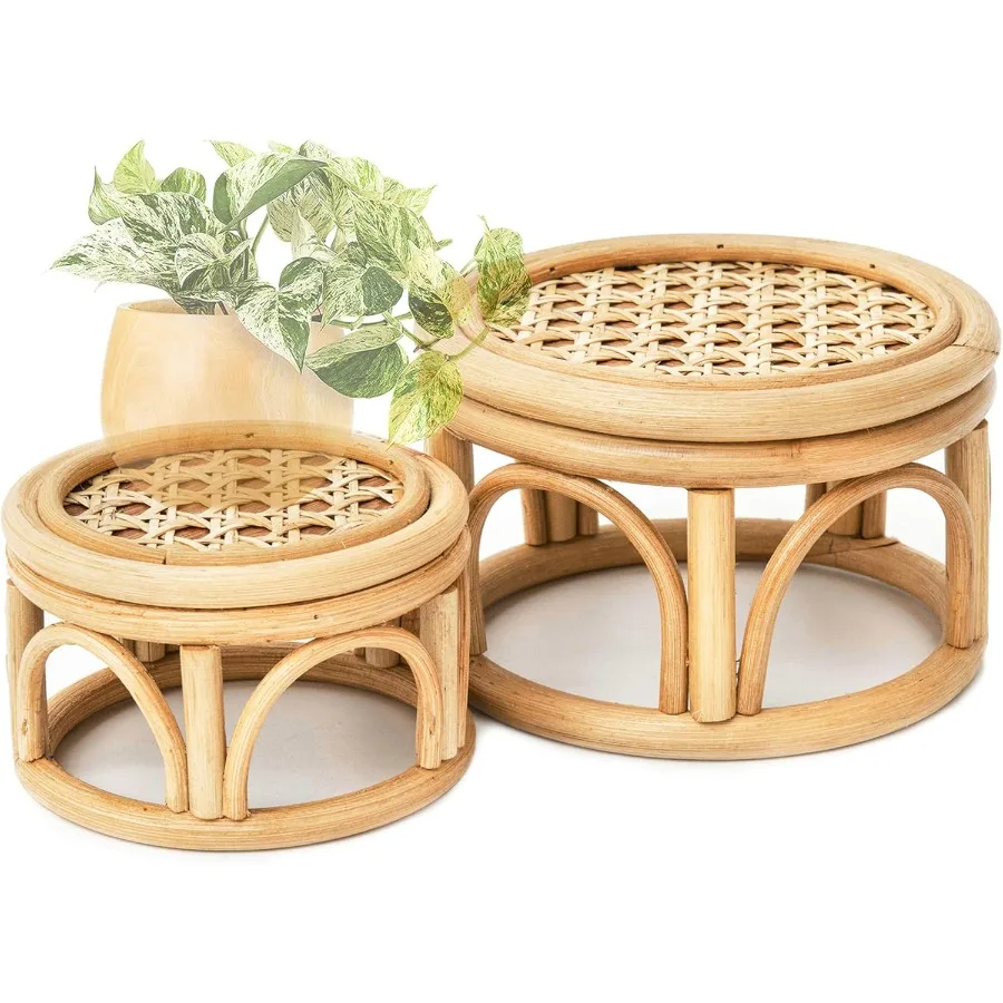 

Set of 2 Small Boho Rattan Wicker Round Riser Plant Stand IndoorRustic Farmhouse Natural Wooden Circle Pedestal for Dr Display