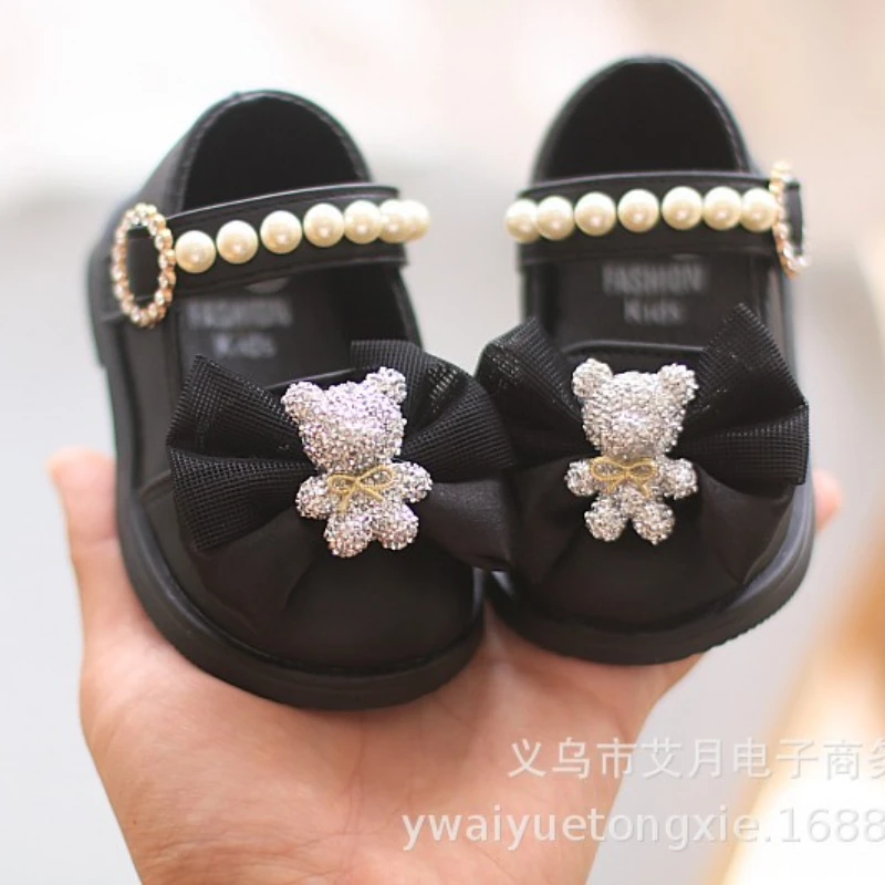 Kids Shoes Cartoon Bow Square Mouth Toddler Shoes Girls Baby Party Wedding Dance New Princess Leather Shoes Children Sneakers