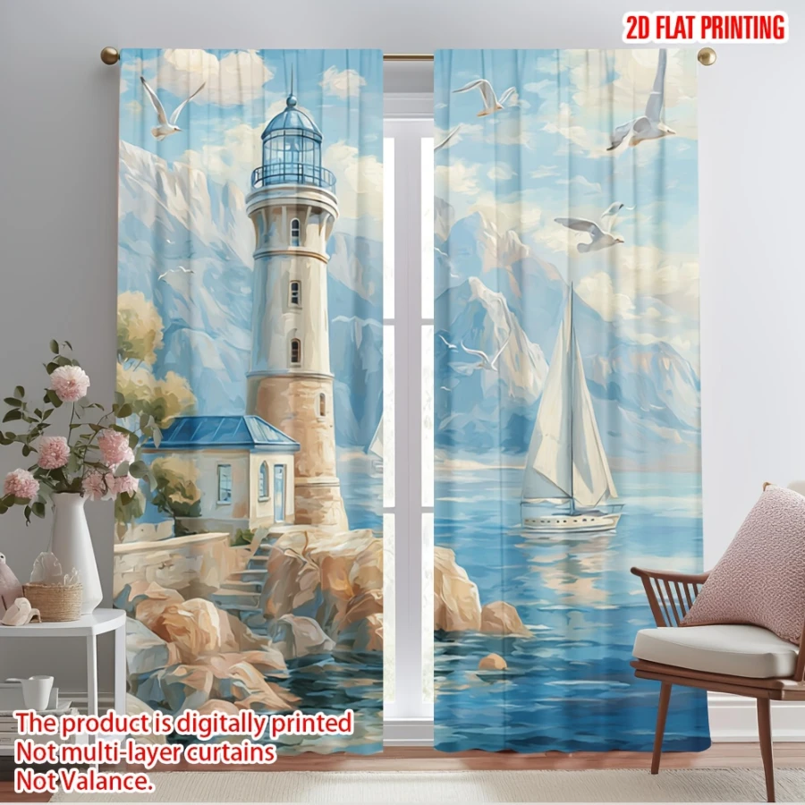 2PCS Digital Printed Curtains, Island Lighthouse Ocean Coastal Seaside, Modern Home Decor Style for Living Room Bedroom Decor