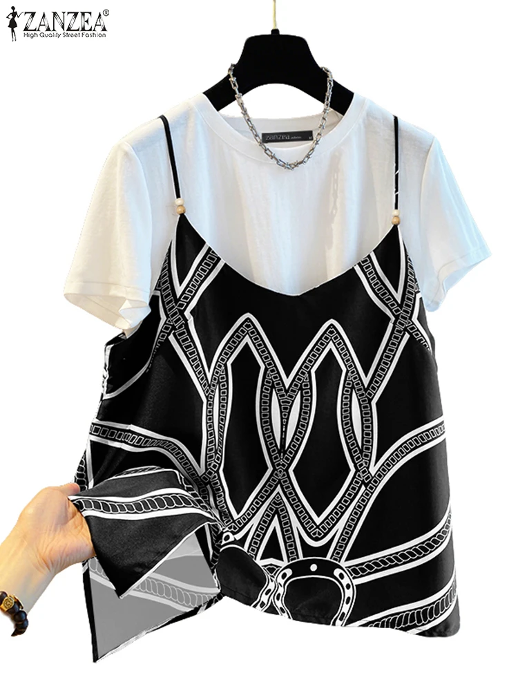 2025 ZANZEA Holiday Printed Shirt Stylish Summer Two Pieces Blouse Women Tanks Tops Casual O Neck Short Sleeve Work Blusas Camis