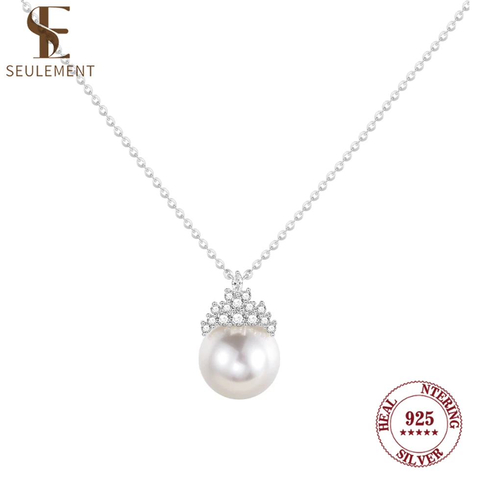 

Seulement 925 Sterling Silver Crown Pearl Pendants Necklace Female Jewelry Accessories for Women Girls Party Gift