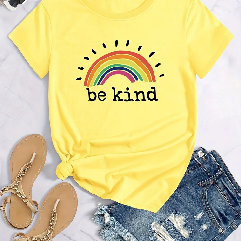 Women's Fashion T-shirt Summer Loose Short Sleeved Rainbow and Letter Printed Top New Round Neck Clothing Women's Party T-shirt