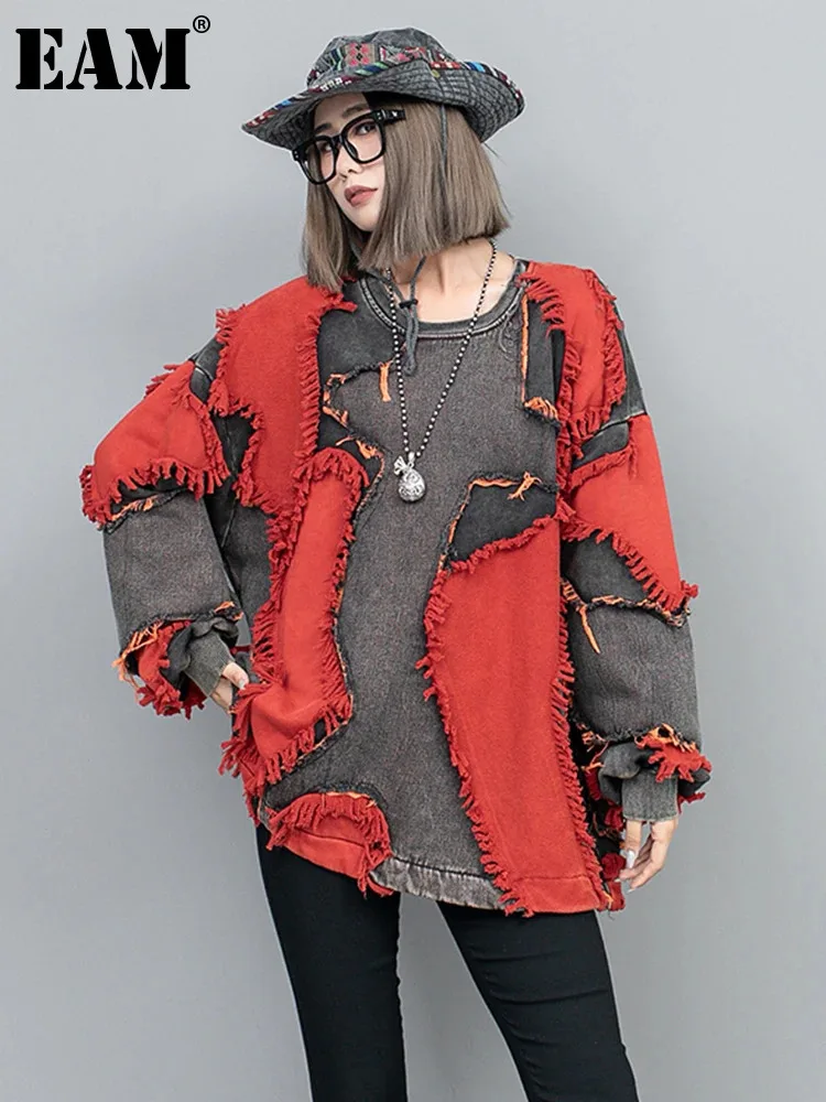 [EAM] Red Tassels Denim Thick Casual Sweatshirt New Round Neck Long Sleeve Women Big Size Fashion Spring Autumn 2023 1DH8104