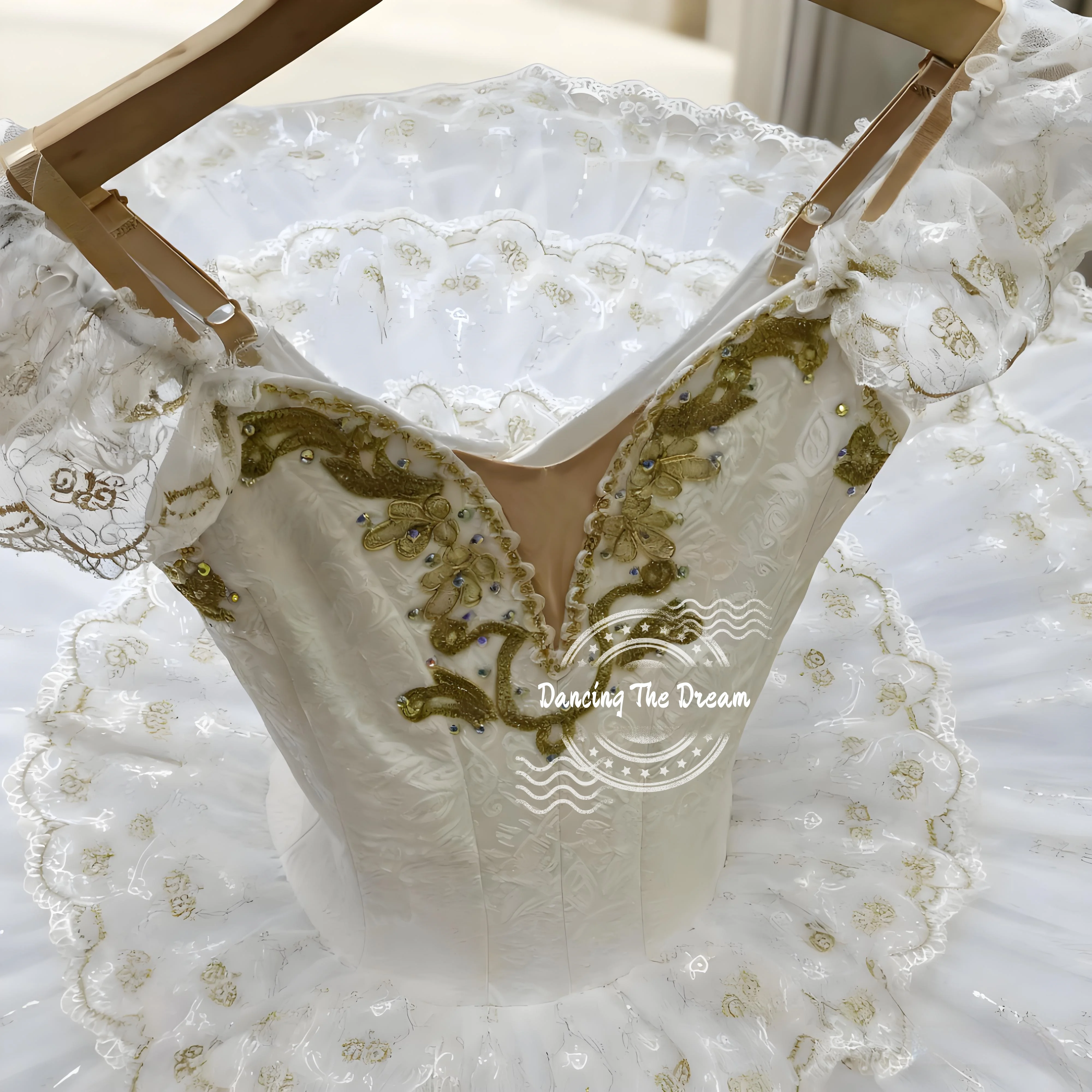 Fantasia de tutu de balé com bordado floral branco e dourado para meninas, roupa de dança elegante para performance e recital