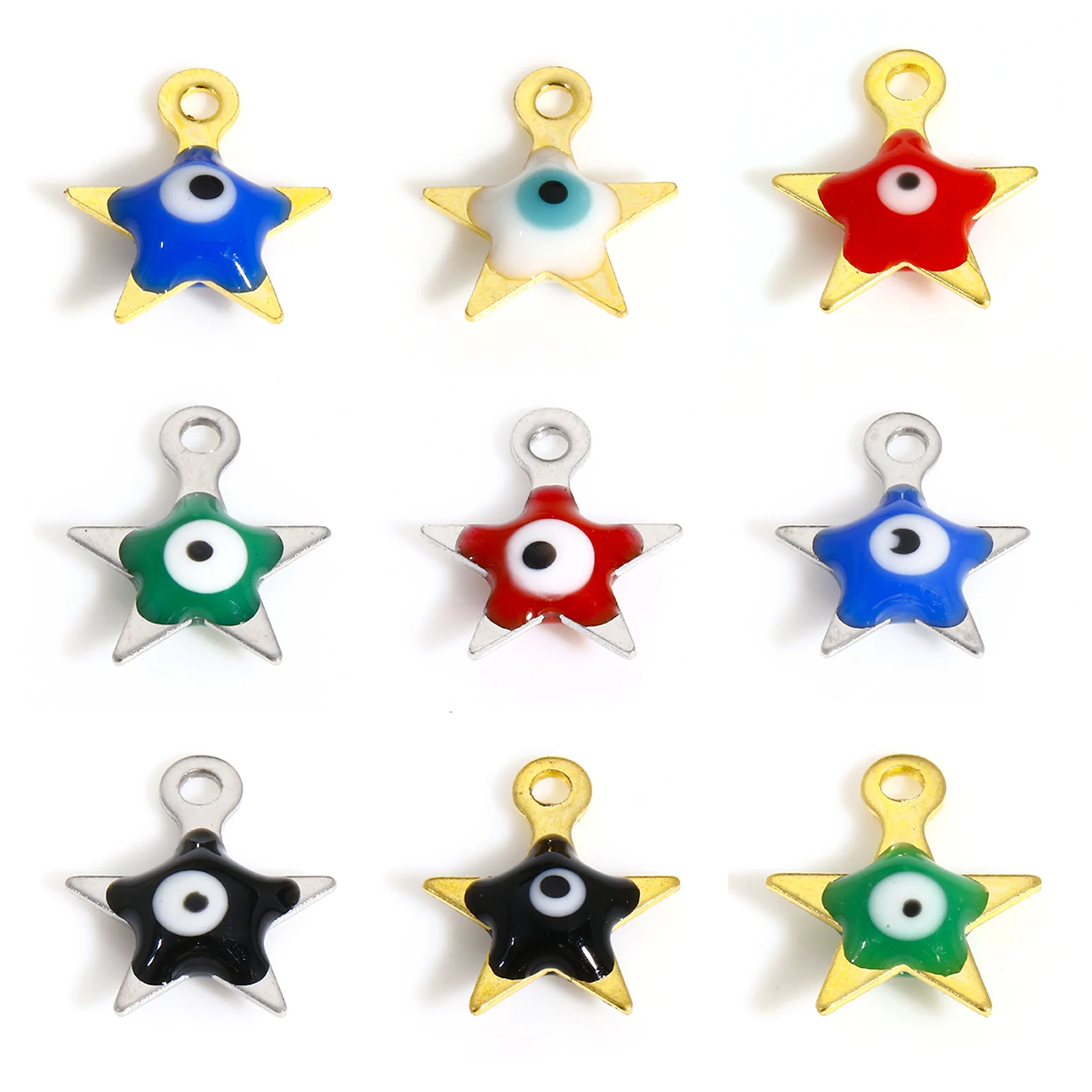 10 PCs Pentagram Star Charms Evil Eye Double-sided Enamel Stainless Steel Religious Pendants Charms for Jewelry Making 9mm x 8mm