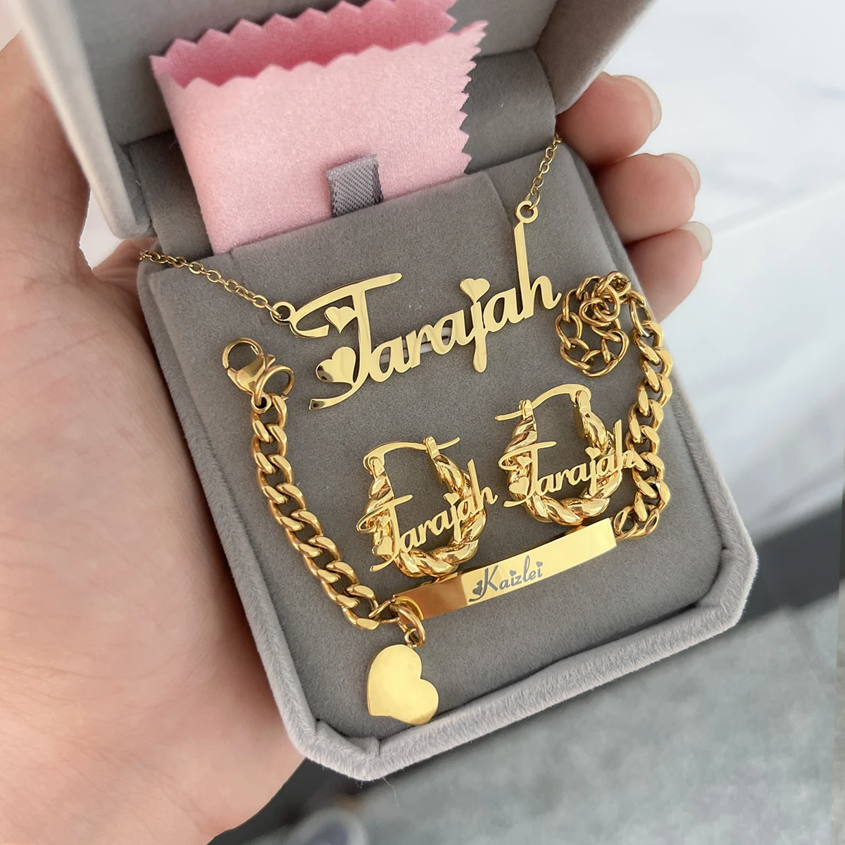 Customized Jewelry Sets Name Children's Set Personalized Letter Necklace Name Bangles Stainless Steel Mini Earring For Kids Gift