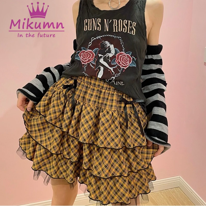 

Mikumn Gothic Lolita Sweet Lace Pleated Skirt Y2k Aesthetic Kawaii Women Skirts Vintage Harajuku Yellow Plaid Mini SkirtMikumn