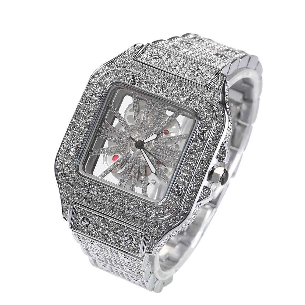 THE BLING KING Iced Out Men Watch Square Dial Quartz Luxury Brand Automatic Wrist Watches Skeleton Clock Hiphop Relogio