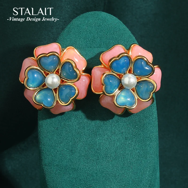 

Vintage Large Big Blue Pink Flower Earrings Aesthetic Woman Bohemia Petals Antique Jewelry Luxury Party Dress Korean New 2025