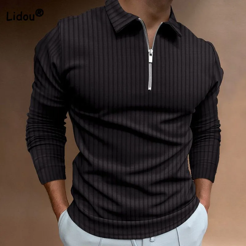 

Trend Slim Men's Solid Color Polo-Neck T-shirt 2023 Autumn Winter New Simplicity Casual Zipper Long Sleeve Tops Male Clothes