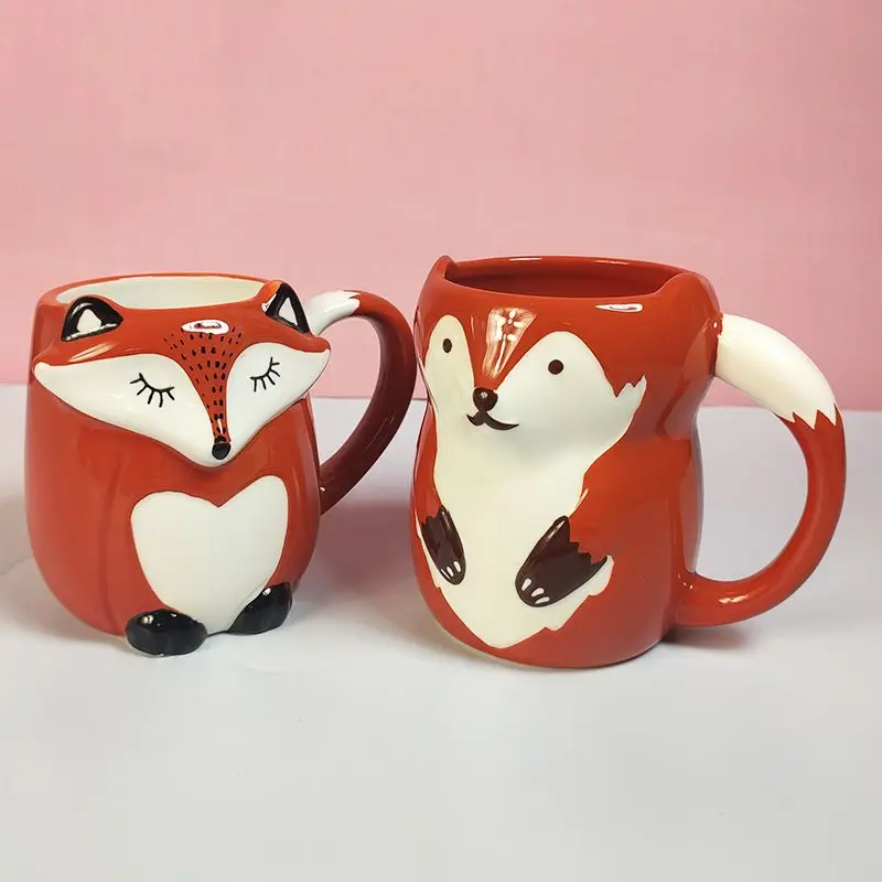 330ml Ceramic Fox Coffee with Lid Cartoon Animal Decoration Couple Drinking Cup Simple Breakfast Mug Afternoon Camellia Tea Cup