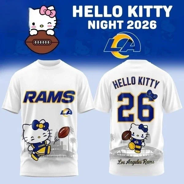 Los Angeles Rams Hello Kitty Night 2026 Men's and Women's Short Sleeved Cute Cartoon Kitty 26 Football Street Wear Casual Top