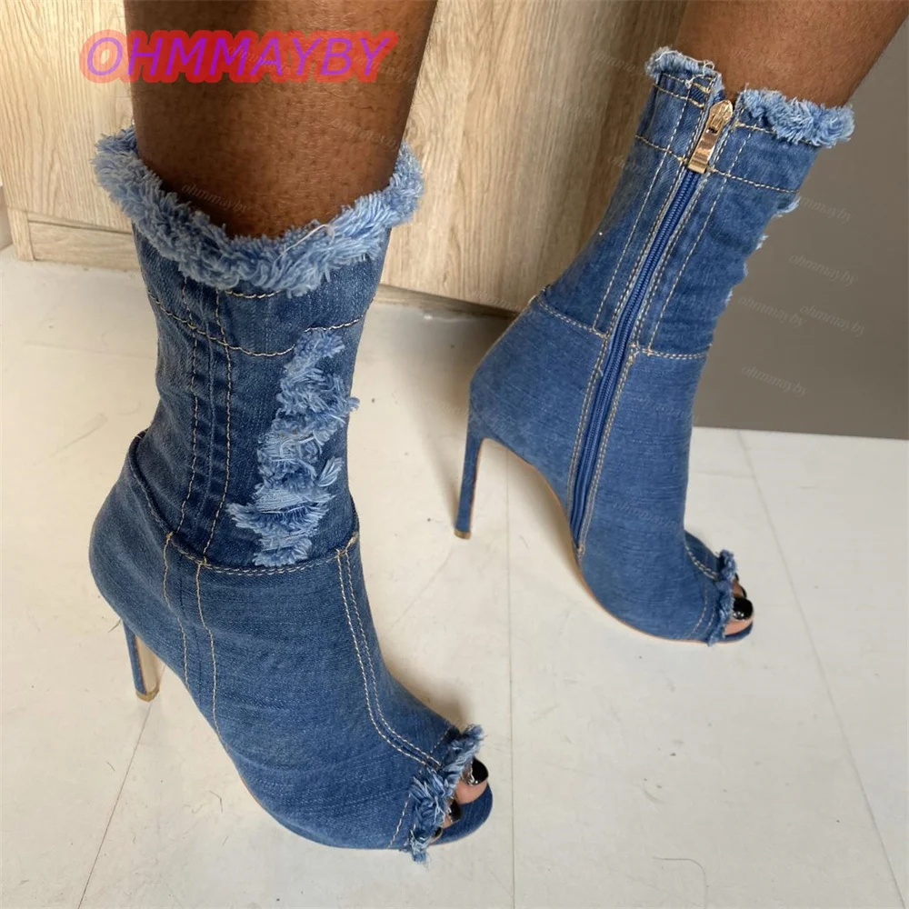 Women Blue Denim Peep Toe Ankle Boots Stiletto High Heels Side Zipper Frayed Distressed Fashion Party Shoes Footwear EU Size New