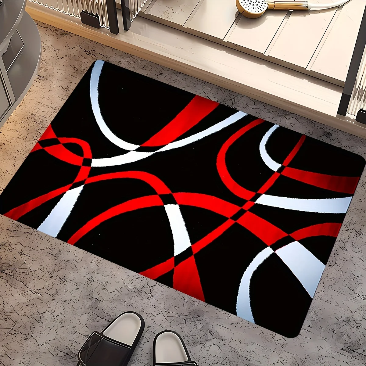 Modern Abstract Flannel Rug Red Black White Curved Line Area Carpet Soft Non-slip Floor Mat for Living Room Bedroom Home Decor - view 4