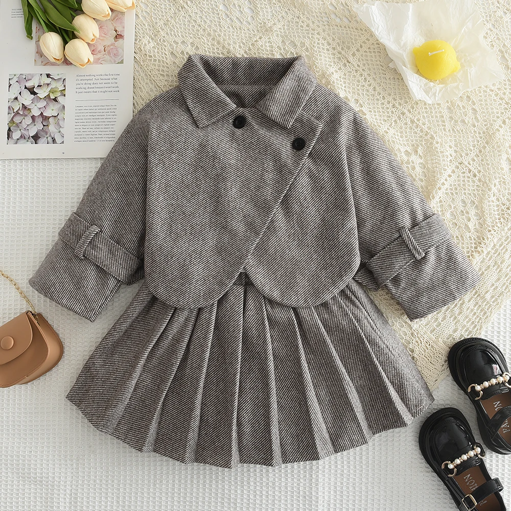 

Girls Fashion Cute Turn-down Collar Coat + Pleated Skirt 2 Pcs Set Children Princess Style Outfits 3-7 Years
