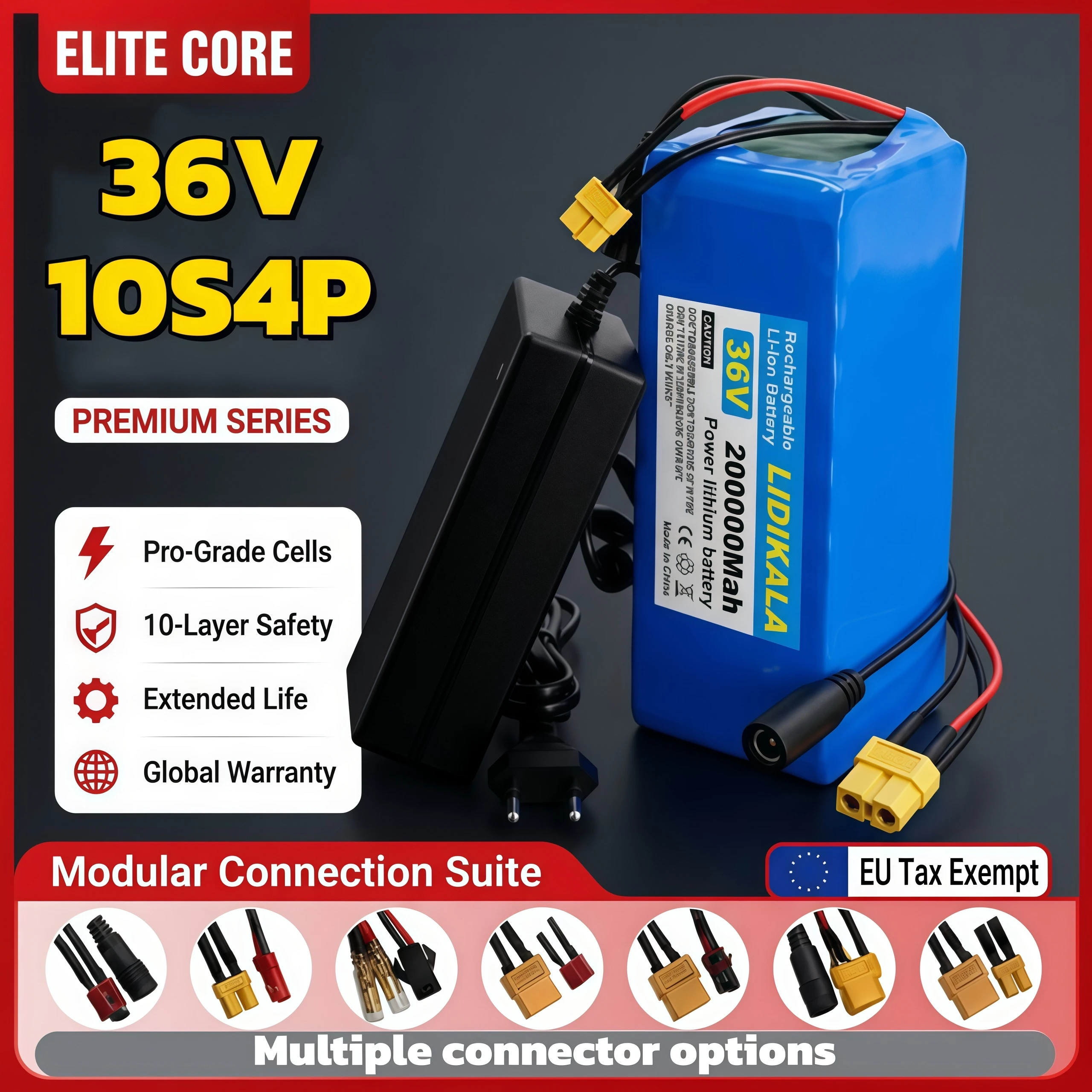 36V 10S4P 100Ah 18650 Hochleistungs-Lithium-Akku 500W, wird mit 42V 2A Ladegerät für E-Bike, Roller, kleines Elektroauto geliefert
