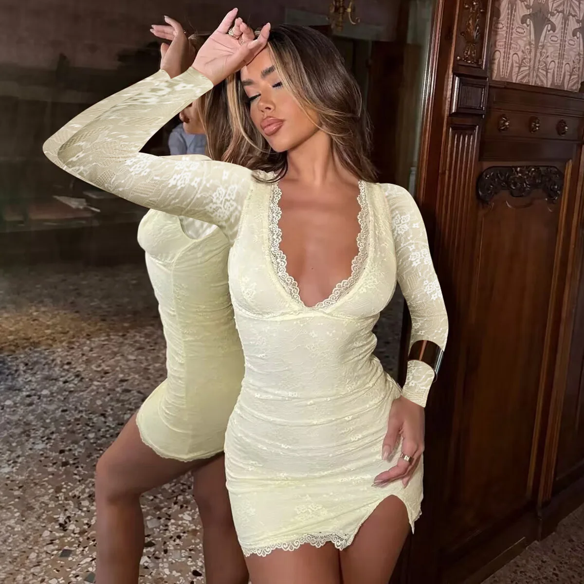 

SKMY 2024 Autumn And Winter New Fashion Y2k Clothes Women Sexy V-Neck Mesh Patchwork Long Sleeve Bodycon Dress Party Clubwear