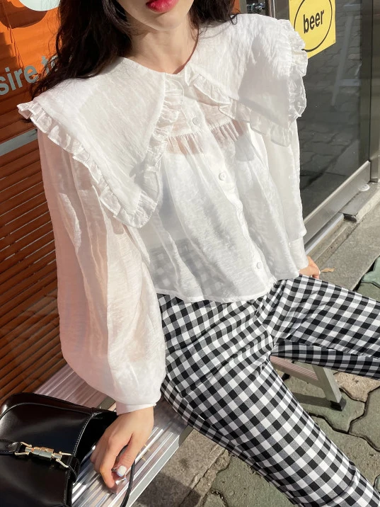 

Шикарный свободный женский ирт с пышным воротником, тонкий большой отложной воротник, милый прозрачный длинный све, полиэстер, летняя мода