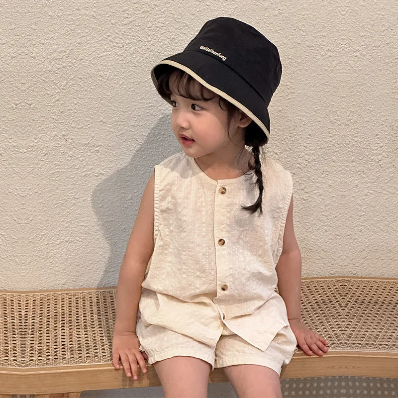 Korean Style Kids Clothes Baby Sibling Outfit Summer Cotton Fabric Solid Versatile Sleeves Top + Shorts Two Piece Set 1-5yrs