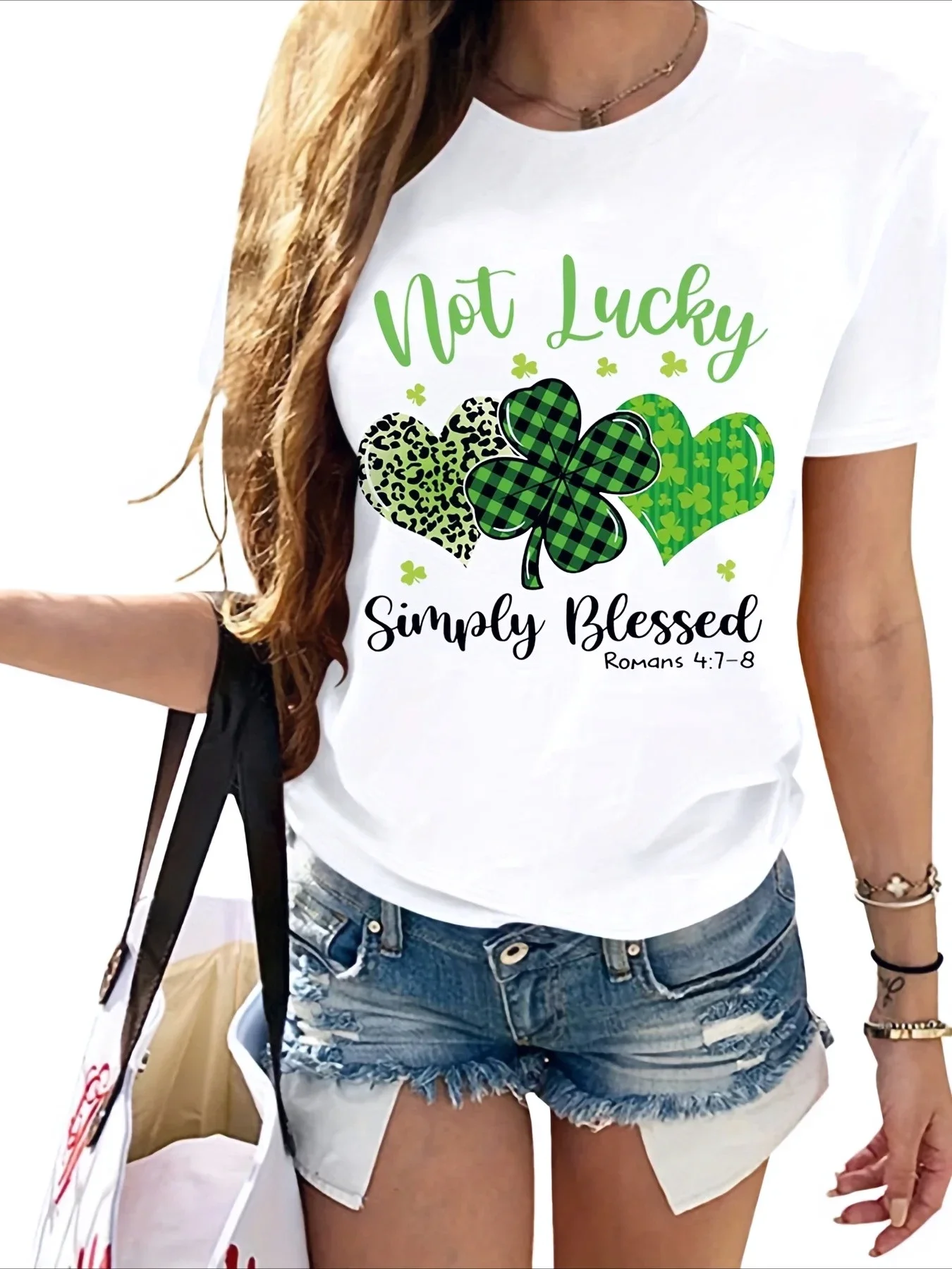 Patrick's Day Women's T-shirt Fourleaf Clover and Heart Print Casual  Sleeve Crew  Top Female Y2K Tops Clothes