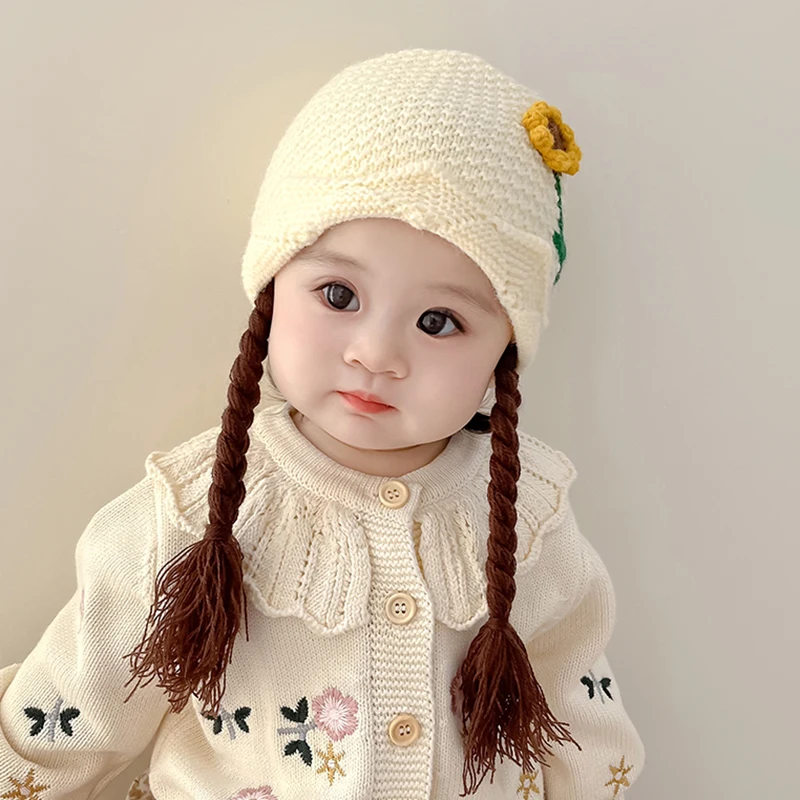 Spring Autumn Baby Girls Knitted Wig Hats Toddler Kids Warm Caps Infant Cute Flower Photography Props Headwear 6-24Months