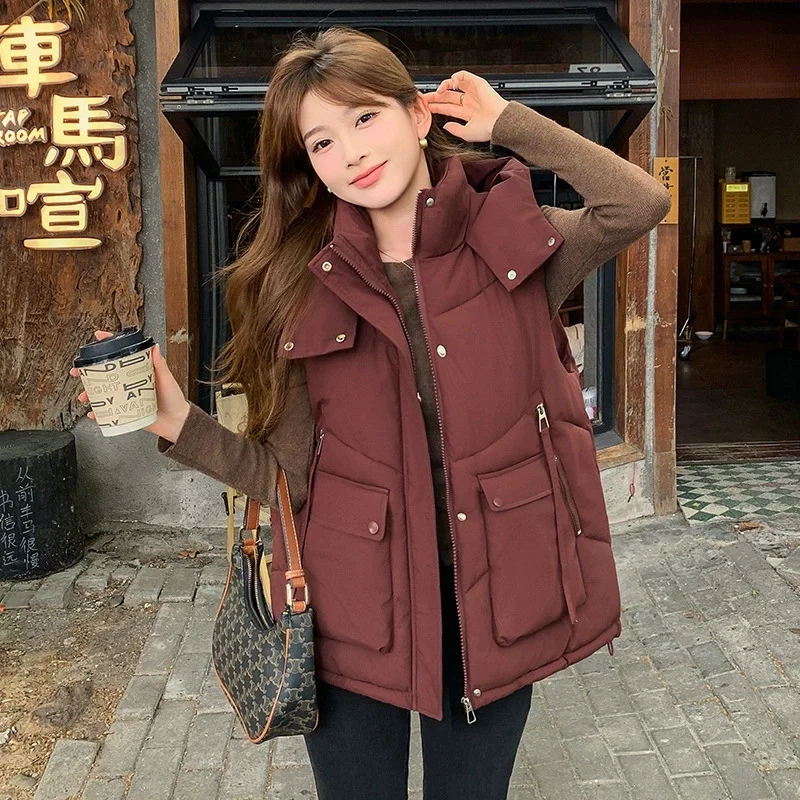 Moda inverno com capuz colete quente feminino inchado sem mangas jaquetas engrossar para baixo algodão chaleco 2025 moda colete