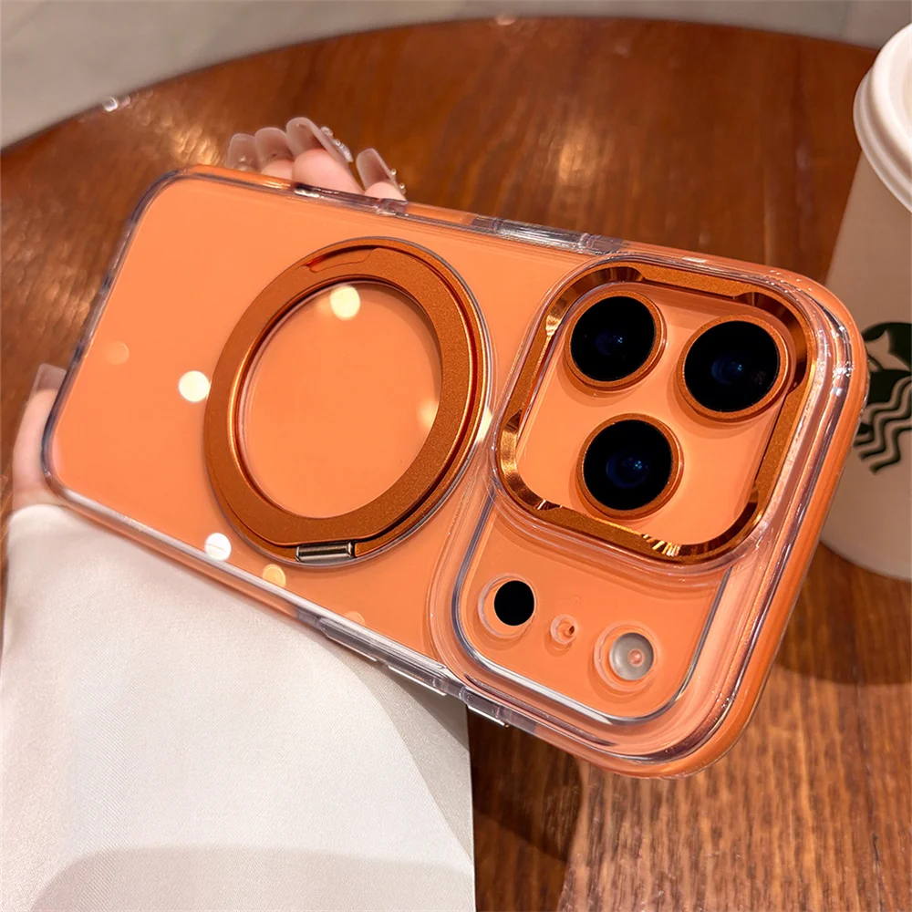 Przezroczyste etui na telefon z magnetycznym uchwytem, wykonane z akrylu i stopu aluminium, do iPhone 15, 16, 17, 18 Pro Max, z obrotowym, składanym uchwytem. — zdjęcie produktu 5