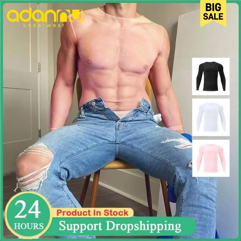1/2/3PCS Sexy Transparent Mesh Undershirts Male's Underwear Gay Long Sleeve T-shirts Tops Slim Fitness Gym Bodybuilding Homewear