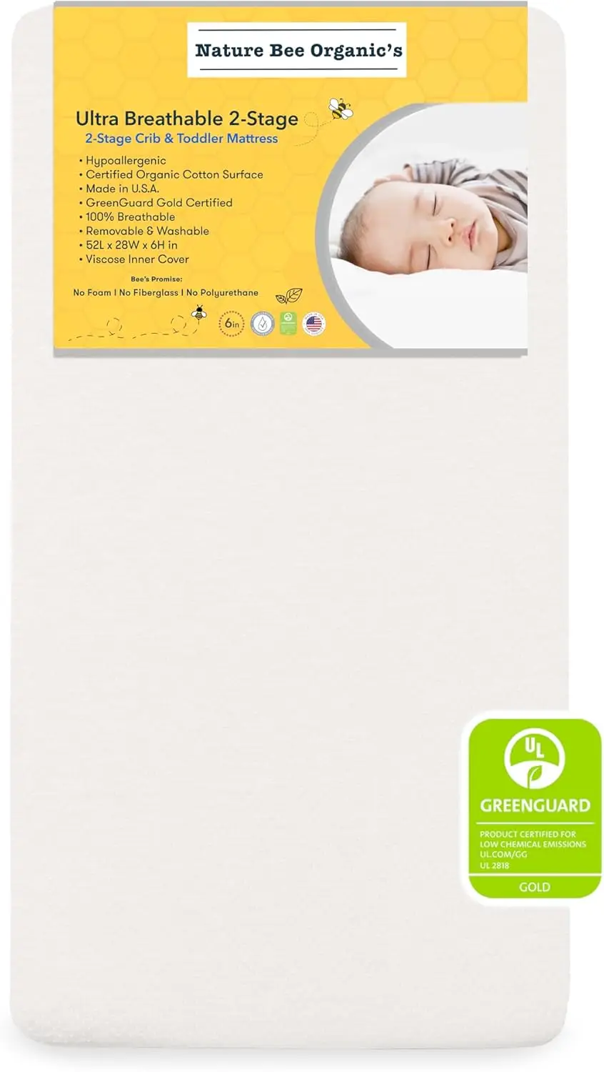 

2-Stage Ultra Breathable Premium Crib & Toddler Mattress I 100 Hypoallergenic I GreenGuard Gold Certified I 6" Thick Plush Suppo