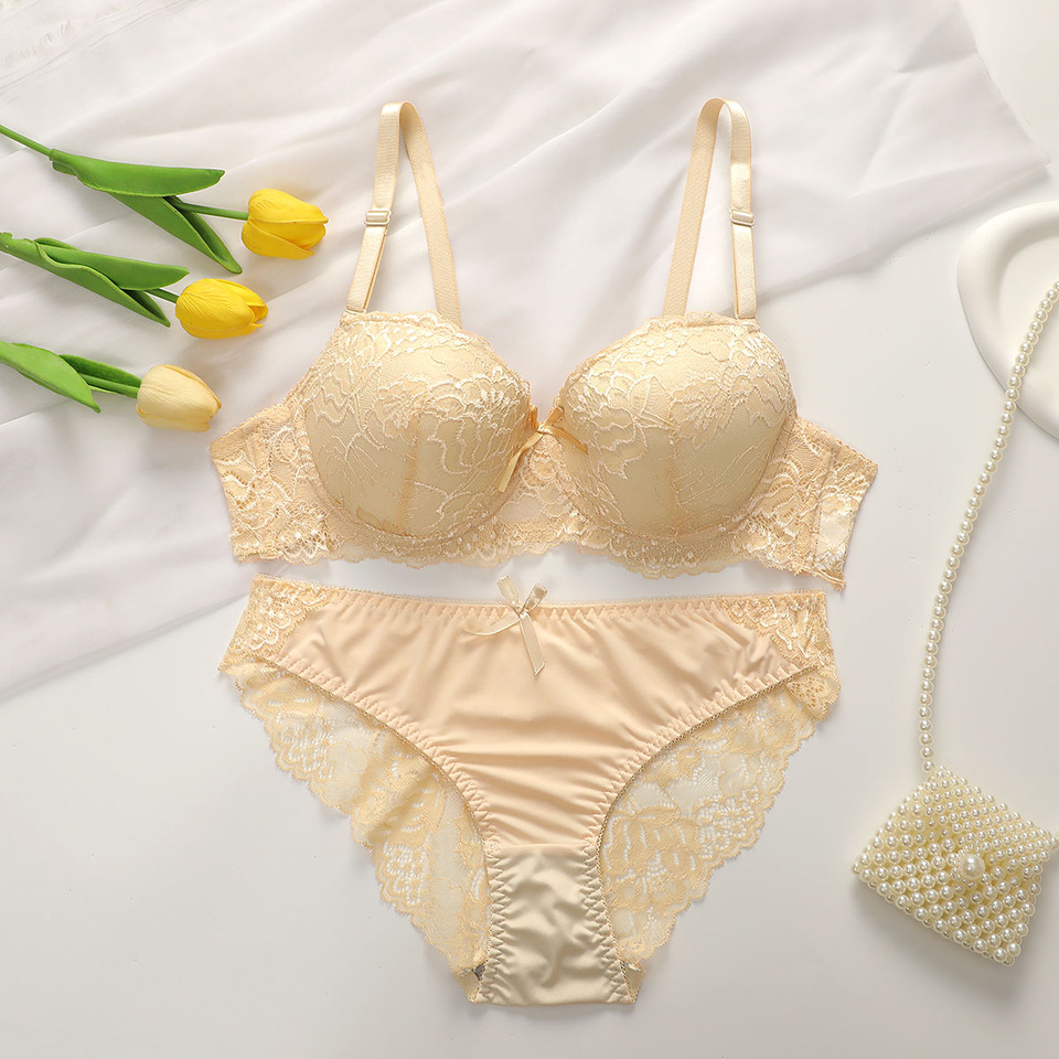  2Pieces Bras and Panty Sets Sexy Lace Transparent Floral Clothing Underwire Push Up Lingeries For Woman 