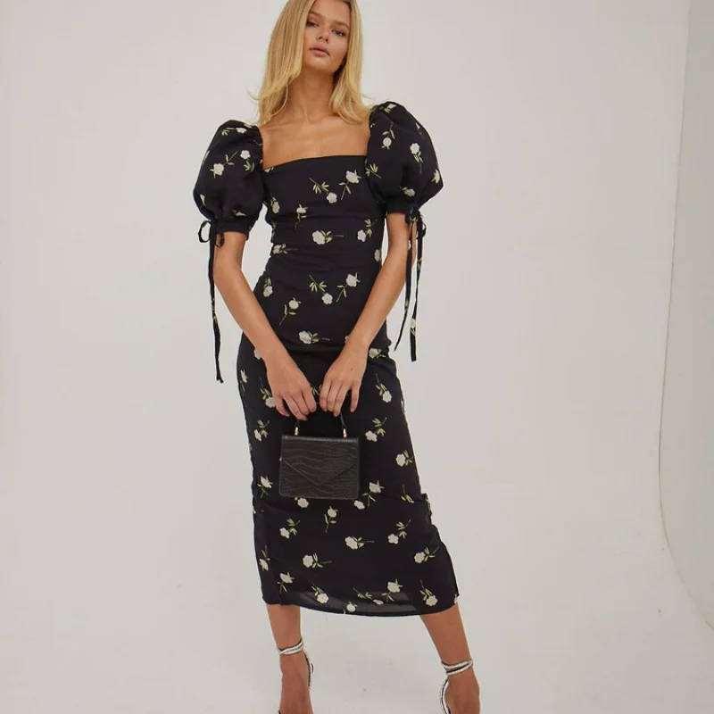 

French Style Women's Clothing2025Summer New Vacation Style Floral Puff Sleeve Off-Shoulder Slim Fashion Long Dress