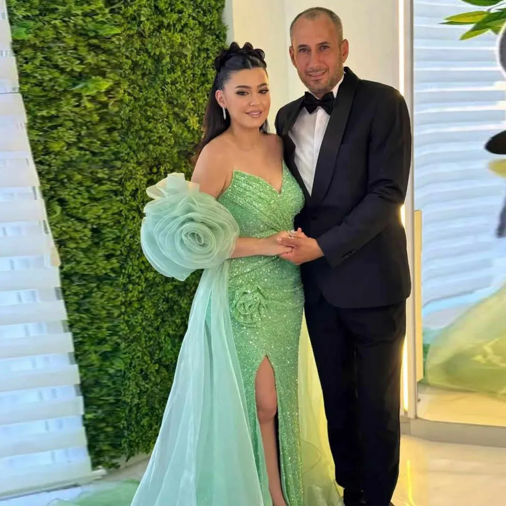 Customized Green Sequin Evening Dresses Flower Detachable Sleeves vestidos de gala Mermaid Wedding Guest Dress with Split