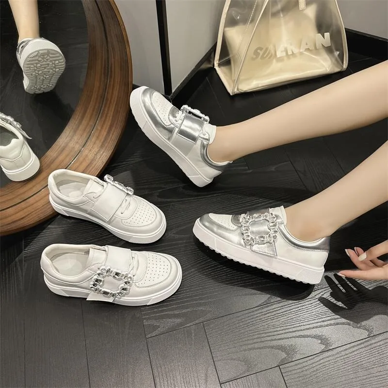 Girls Fashion Casual Flats Round Head Lace-up Sneakers Square Crystal Cover Heel Women Shoes Thick Bottom Zapatos Mujer fashion