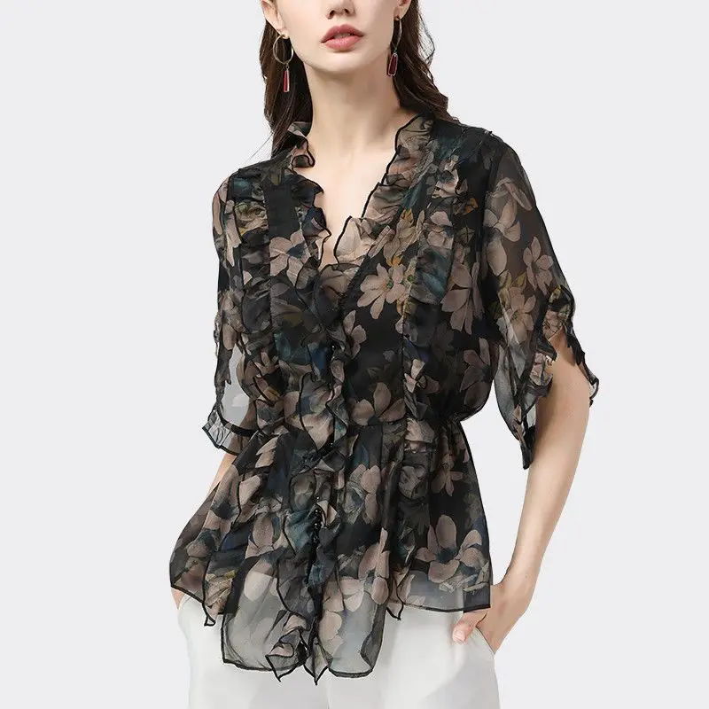 Floral Chiffon Shirt for Women in Spring and Autumn 2025 New and Popular Fashion Stylish Beautiful Small Shirt Long Sleeved Top