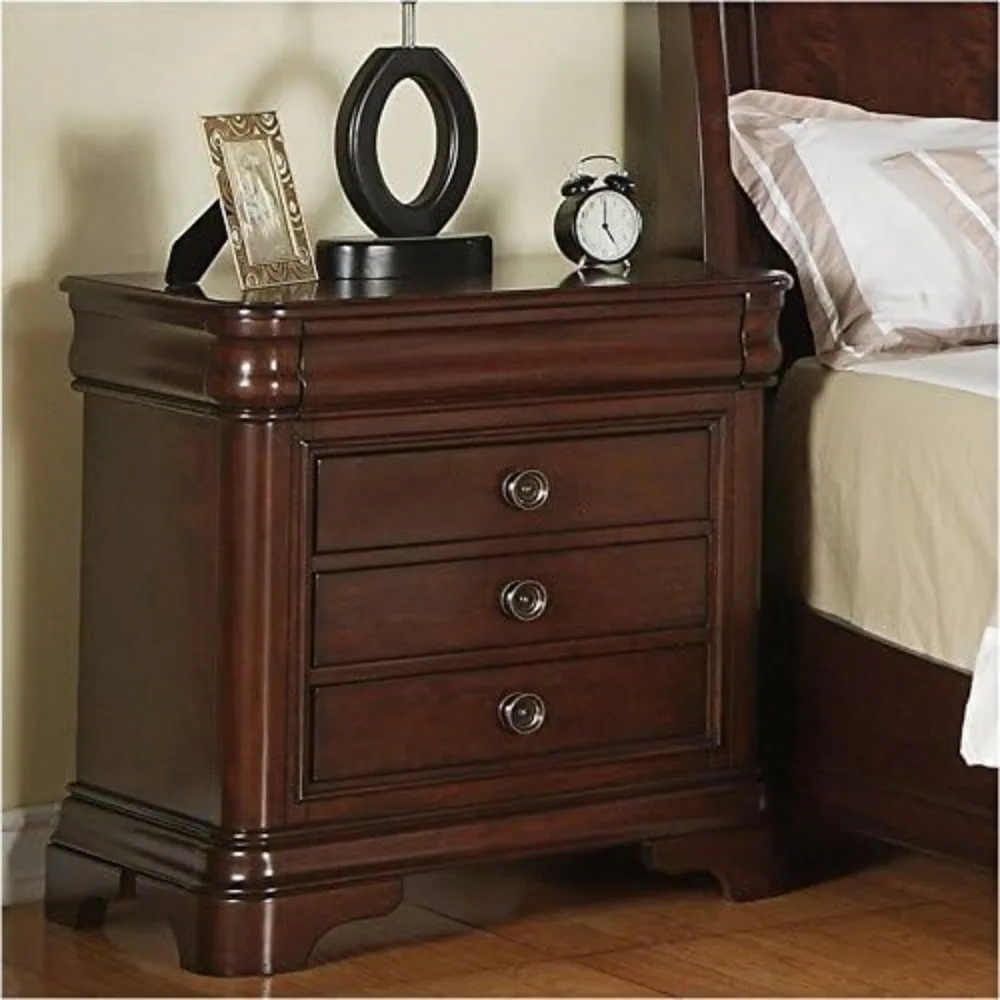 HILL Traditional 3 Drawer Nightstand Bedside Table Solid Wood Hidden Jewelry Drawer in Dark Cherry and Antique Brass