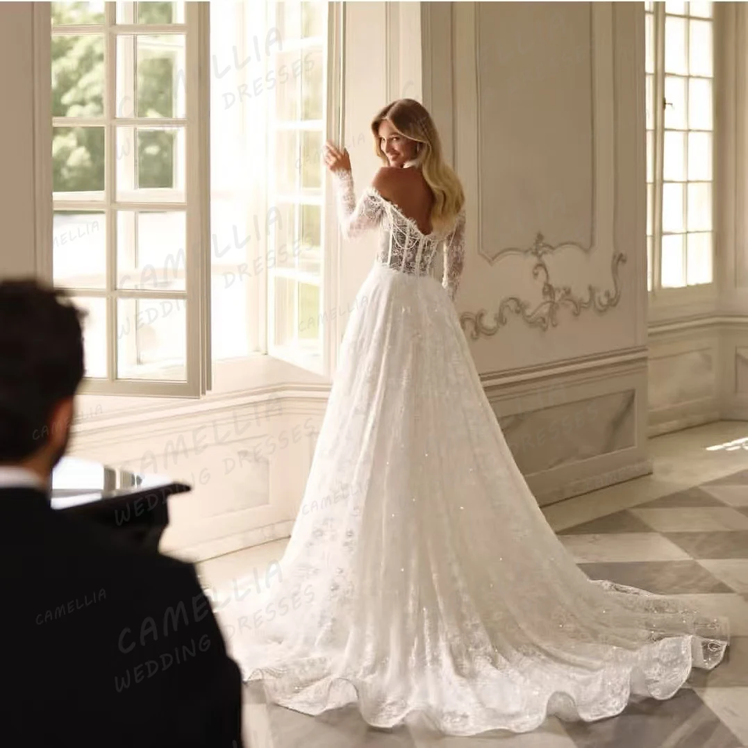 Robes De mariée trapèze exquises pour femmes, robes De mariée brillantes en dentelle, manches longues, traîne De balayage, personnalisées