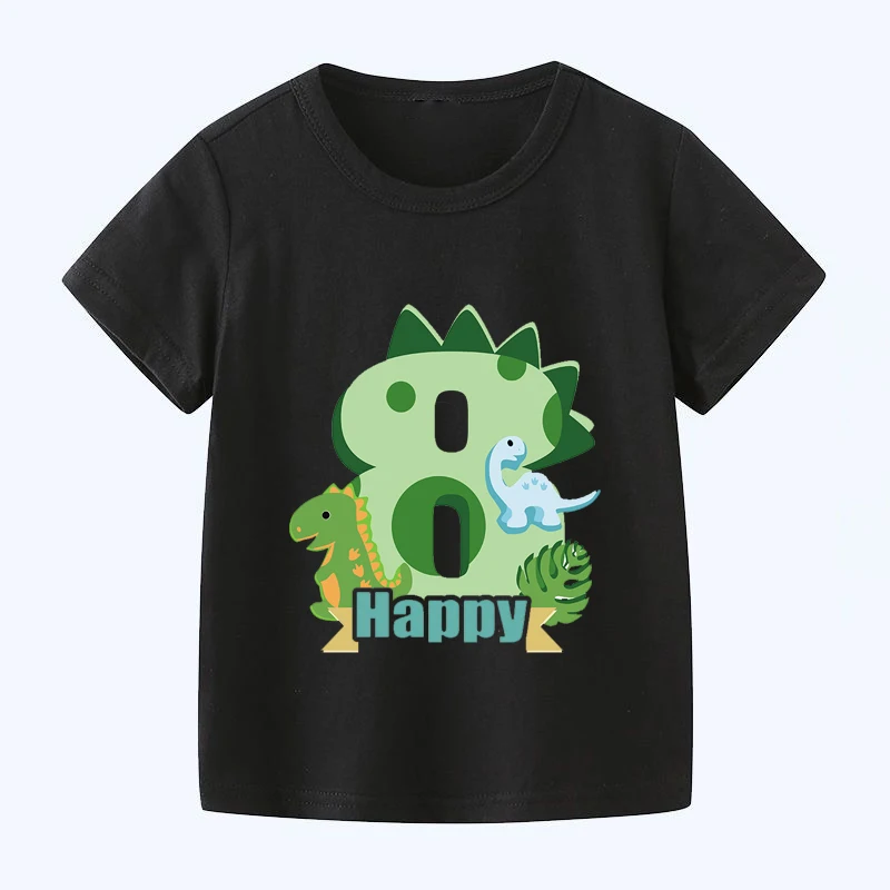 New Dinosaur Print Girls Clothes 1 2 3 4 5 6 7 8 9 Years Happy Birthday Number Bow Kids Short Sleeve T Shirt Baby T-Shirts