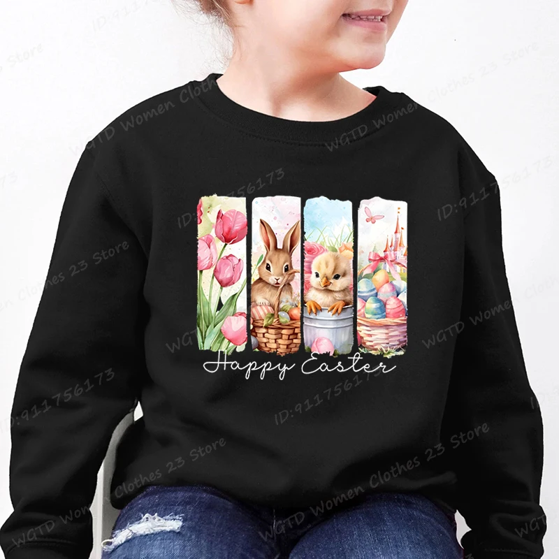 Bunny & Flower Happy Easter Print Sweatshirts For Children Autumn And Winter Casual Sports Girls O Neck Hoodeless Pullovers Tops