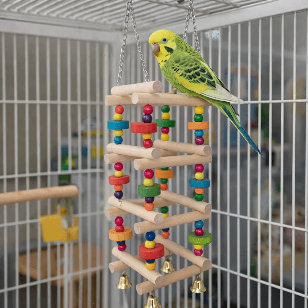 

Colorful Wooden Parrot Chew Toys Bite Resistant with Bells Parrot Swing Toy Multi Layer Hanging Beads Bird Toys Training