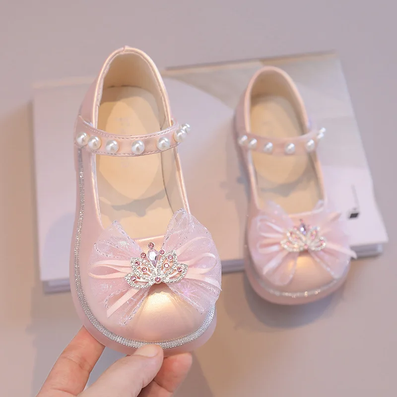 Girls Princess Leather Shoes 2024 New Elegant Sweet Kids Ballet Flat Shoes for Wedding Lace Bowknot Children Dress Single Shoes