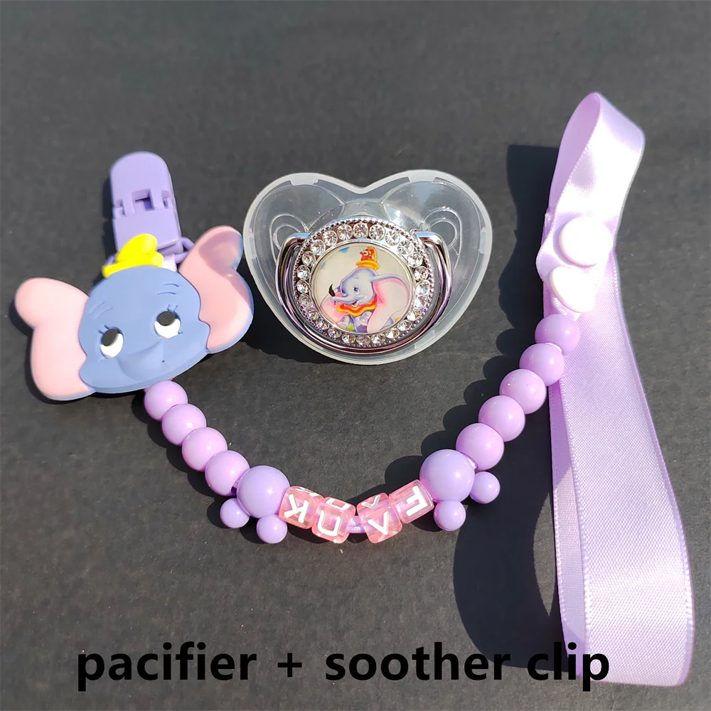 Plush Winnie Pooh Purple Dumbo Beads Custom Baby Pacifier Clips with Silica Gel Safe Super Soft Bling Cartoon Anime Print Dummys