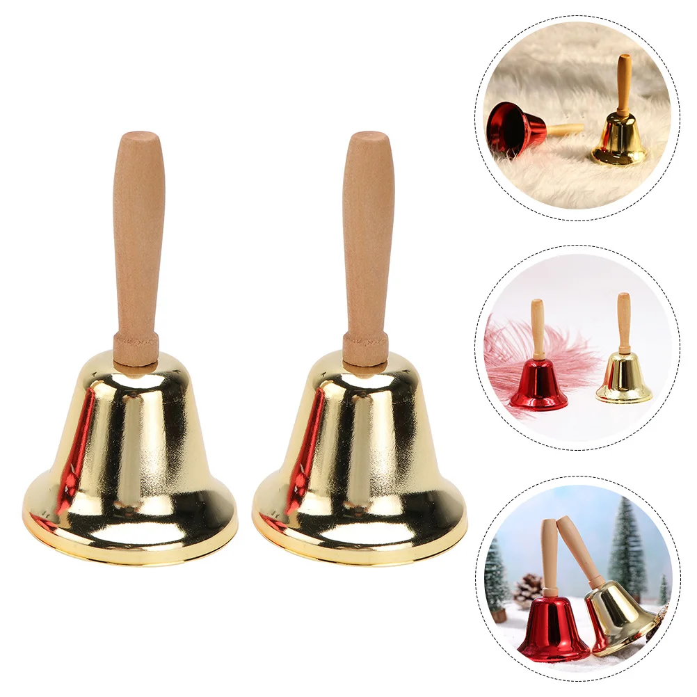 

2 Pcs Wooden Handle Rattle Reception Bell Service Christmas Decorations Party Props Decorative Bells Metal Percussion