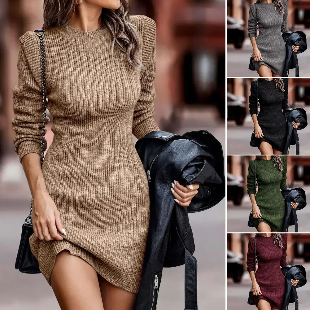 Winter Dress Fashion Thickened Mini Dress Autumn Winter Ribbed Slim Fit Knitted Dress Female Clothing